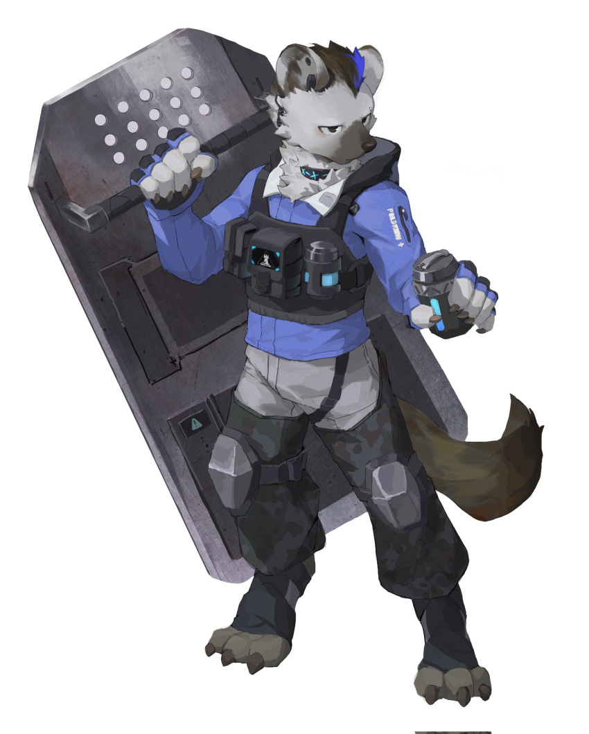 2024 anthro arknights black_hair canilu_u claws clothing collar electronics eyebrow_piercing facial_piercing fingerless_gloves fur gloves grey_body grey_fur hair handwear headphones hi_res holding_object hyena hypergryph looking_away male mammal piercing riot_shield simple_background solo spot_(arknights) spotted_hyena studio_montagne tail uniform