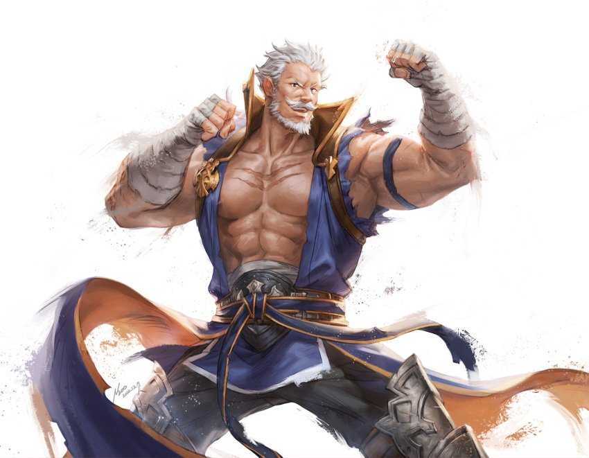 1boy abs bandages bara bare_pectorals beard biceps blue_eyes clenched_hands commentary dated facial_hair granblue_fantasy highres large_pectorals male_focus mature_male moustache multiple_scars muscular muscular_male nick300 nipple_slip nipples official_alternate_costume old old_man open_clothes pectorals scar scar_on_arm scar_on_chest simple_background solo soriz torn_clothes torn_sleeves white_background white_hair