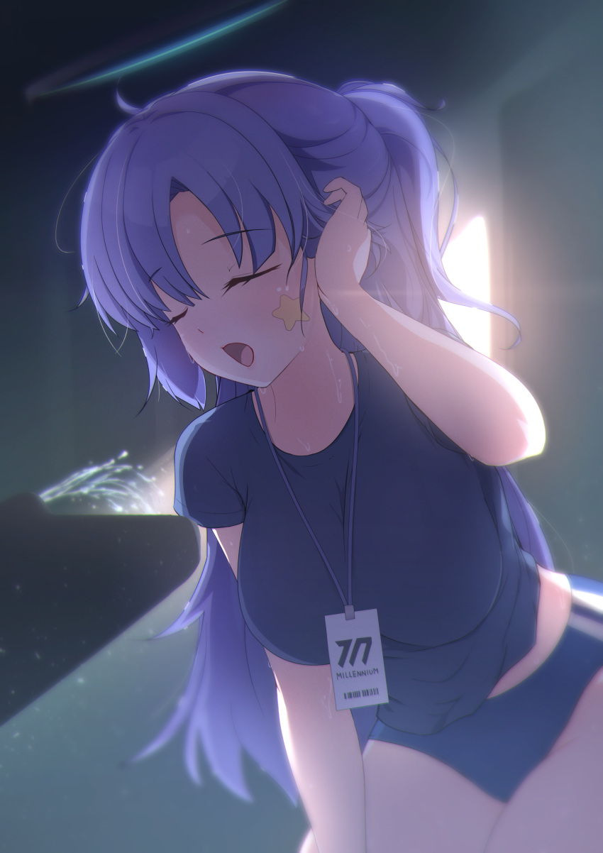 black_shirt blue_archive blue_buruma breasts buruma closed_mouth commentary_request double_vertical_stripe drinking_fountain eari gym_shirt gym_uniform halo hand_on_own_knee highres id_card lanyard large_breasts long_hair mechanical_halo official_alternate_costume open_mouth ponytail purple_hair shirt short_sleeves standing star_sticker sticker_on_face yuuka_(blue_archive) yuuka_(track)_(blue_archive)