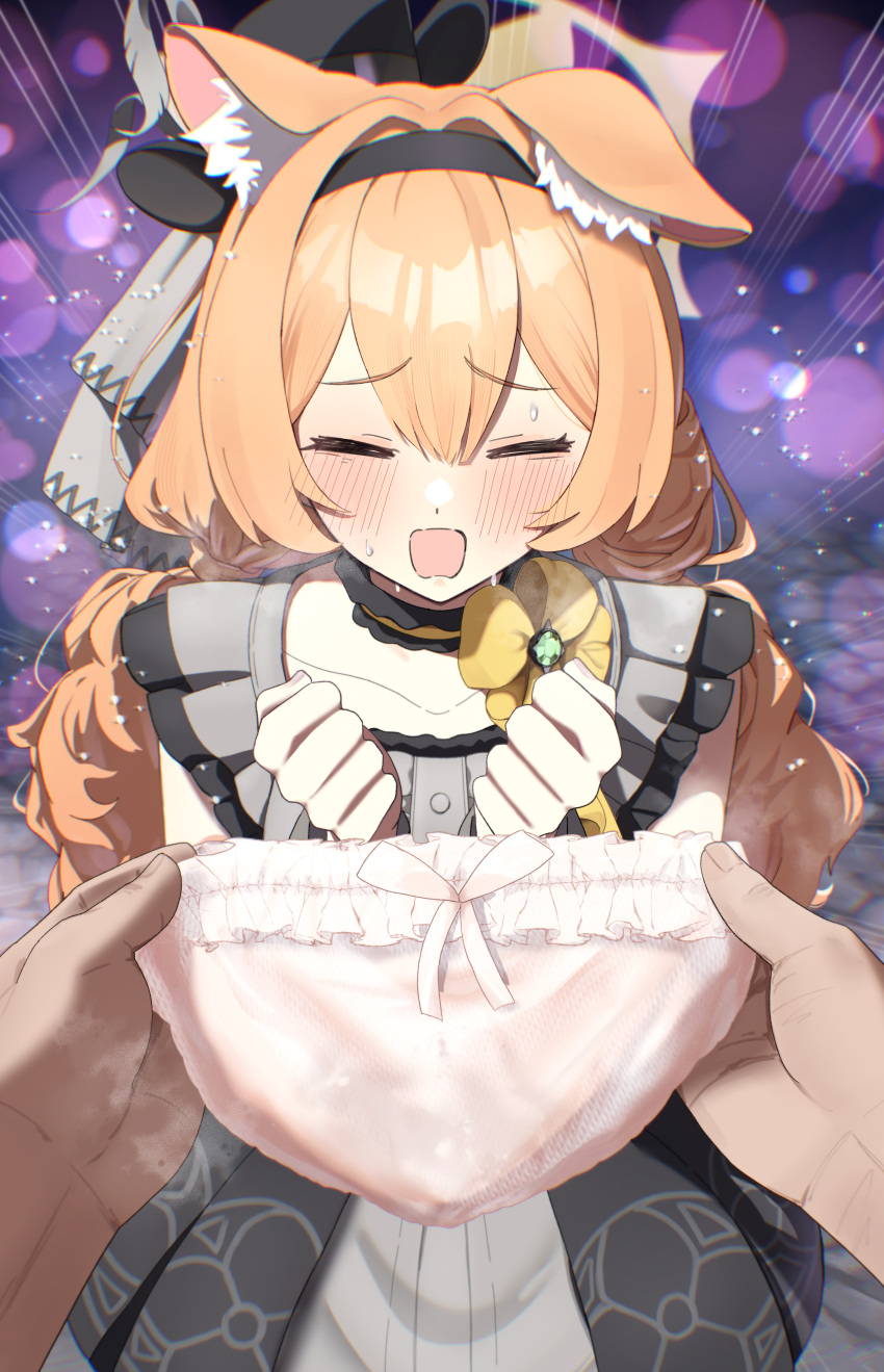 absurdres animal_ear_fluff animal_ear_headwear black_headband blue_archive blush embarrassed flower halo headband highres keke_(user_djyu7823) mari_(blue_archive) mari_(idol)_(blue_archive) nose_blush open_mouth orange_hair panties rose underwear yellow_flower yellow_halo yellow_rose