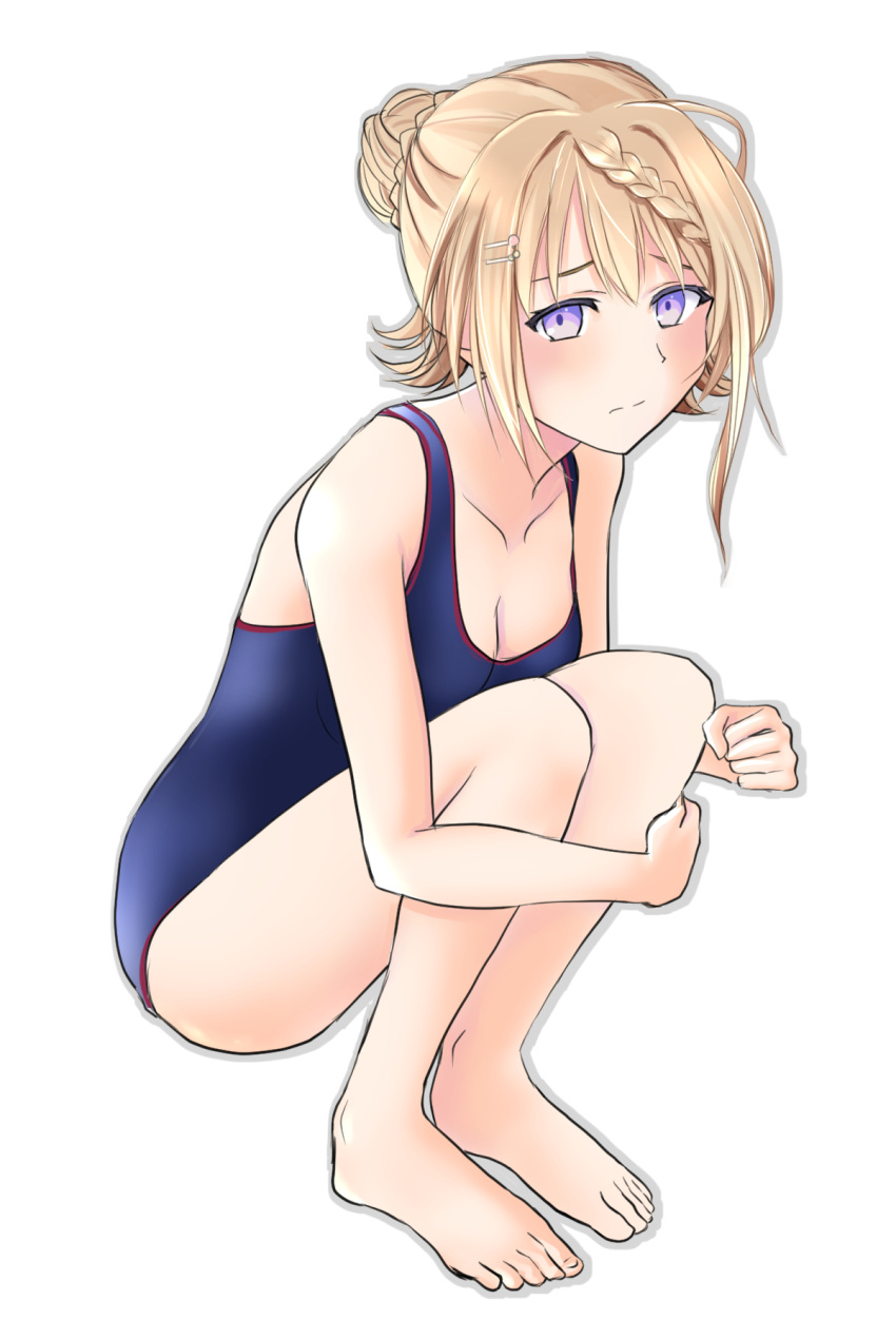 alternate_costume barefoot blonde_hair blue_one-piece_swimsuit braid braided_bangs braided_bun breasts cleavage commentary_request fd_(fd_sanmaru) female full_body hair_bun highres kantai_collection long_hair medium_breasts one-piece_swimsuit perth_(kancolle) purple_eyes simple_background sitting solo squatting swimsuit white_background