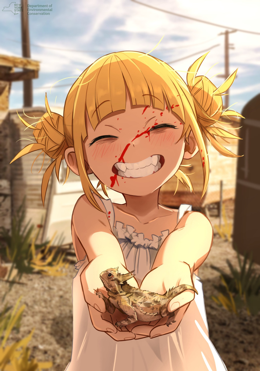 absurdres aged_down animal bare_shoulders blood blush boku_no_hero_academia closed_eyes collarbone day double_bun dress facing_viewer female grin hair_bun highres holding holding_animal khyle. lolicon messy_hair outdoors smile solo teeth toga_himiko white_dress