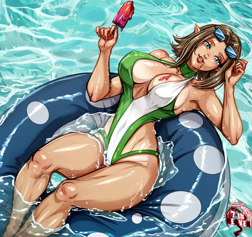 7th-heaven armpits artist_logo blue_eyes breasts brown_hair cleavage commission covered_nipples elezen elf eyewear_on_head female final_fantasy final_fantasy_xiv food food_on_body food_on_breasts food_on_face green_one-piece_swimsuit highres holding holding_food holding_popsicle ice_cream ice_cream_on_face in_water innertube large_breasts lips logo looking_at_viewer melting_popsicle one-piece_swimsuit open_mouth pointy_ears popsicle short_hair solo sunglasses swim_ring swimsuit tan tanlines warrior_of_light_(ff14)