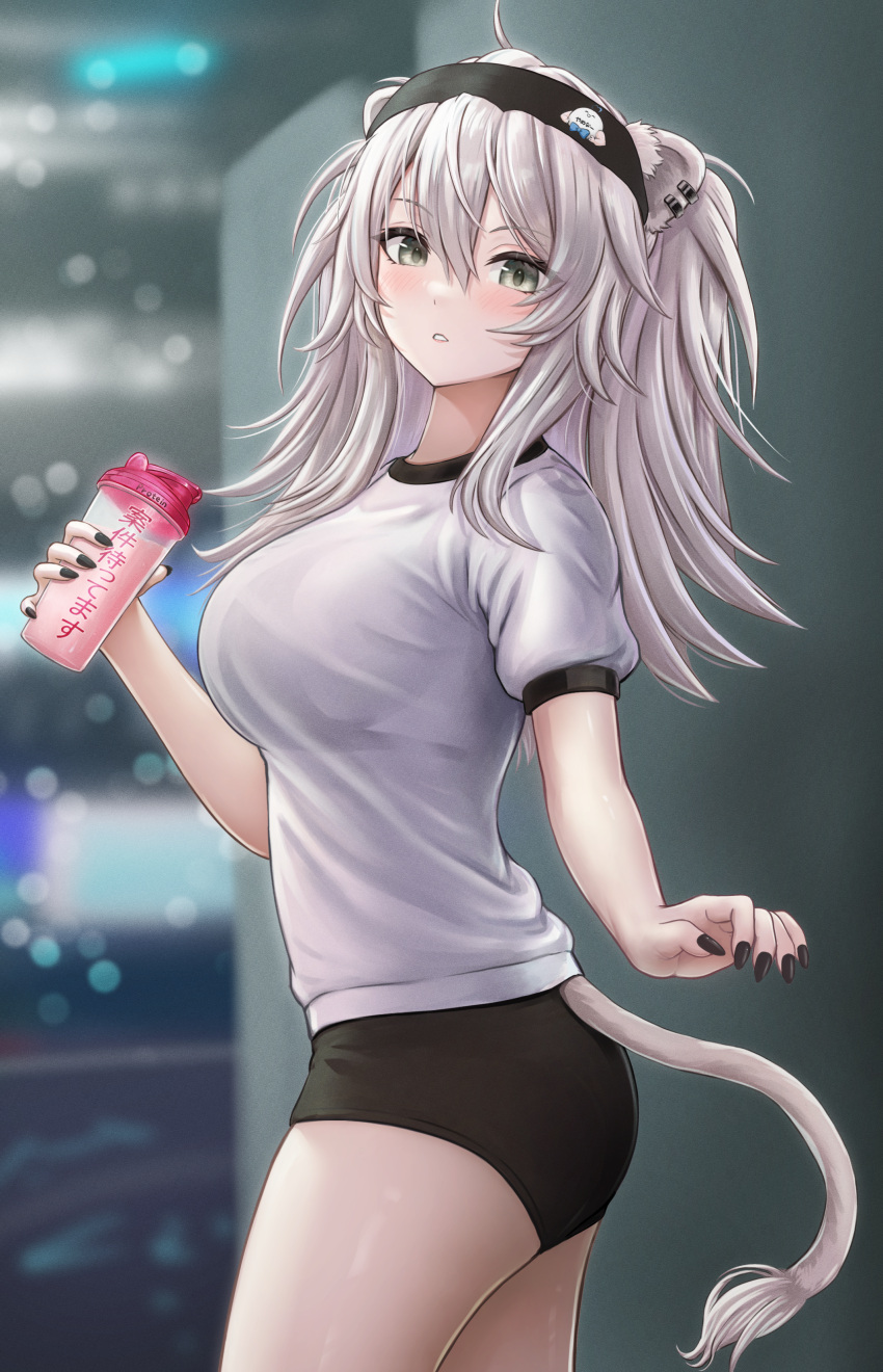 absurdres ahoge alternate_costume animal_ears ass black_buruma black_headband black_nails breasts buruma cup earrings female from_side grey_eyes grey_hair gym_uniform hair_between_eyes headband highres holding holding_cup hololive jewelry lion_ears lion_girl lion_tail nail_polish shirt shishiro_botan signature solo tail twitter_username virtual_youtuber wajuniorbox white_shirt