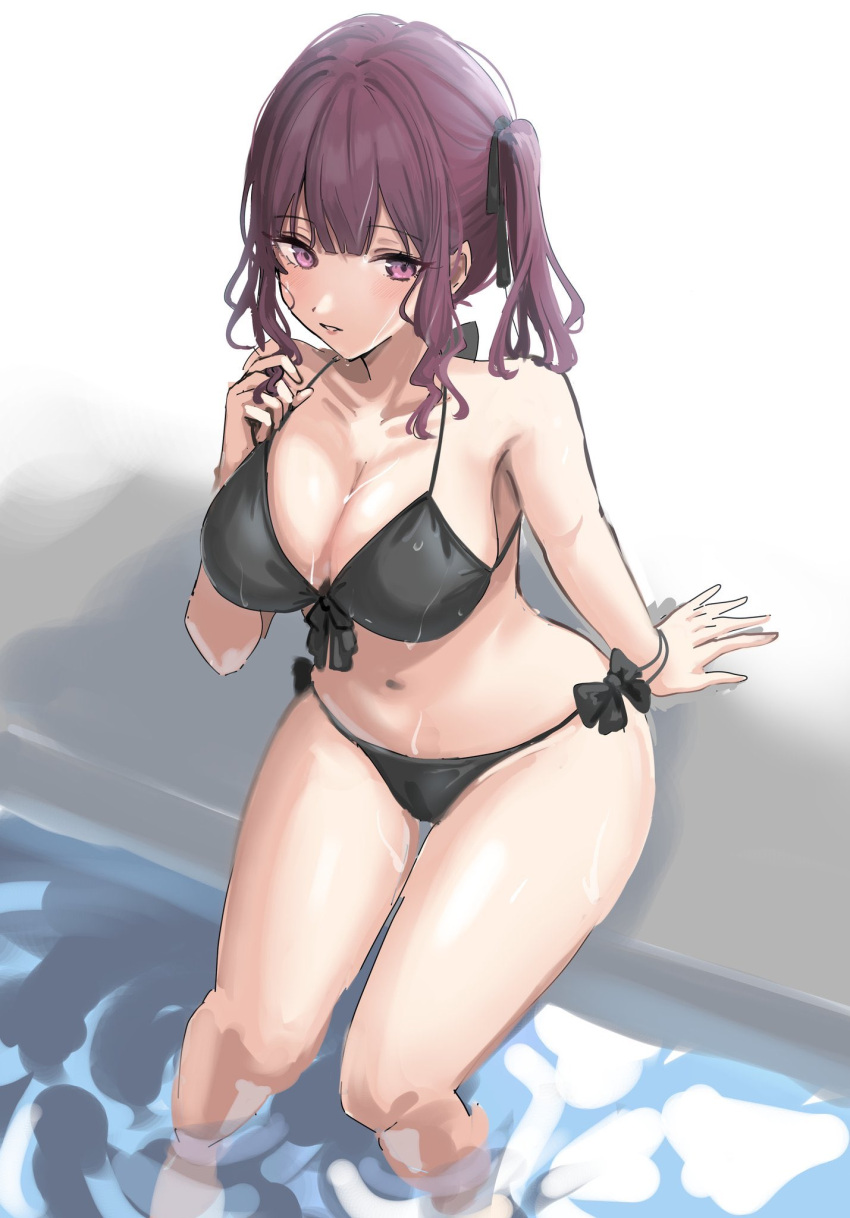 bare_shoulders bikini black_bikini black_ribbon breasts brown_hair cevio cleavage female hair_ribbon highres large_breasts long_hair nankawa_rota natsuki_karin navel parted_lips purple_eyes ribbon solo swimsuit synthesizer_v twintails water wet