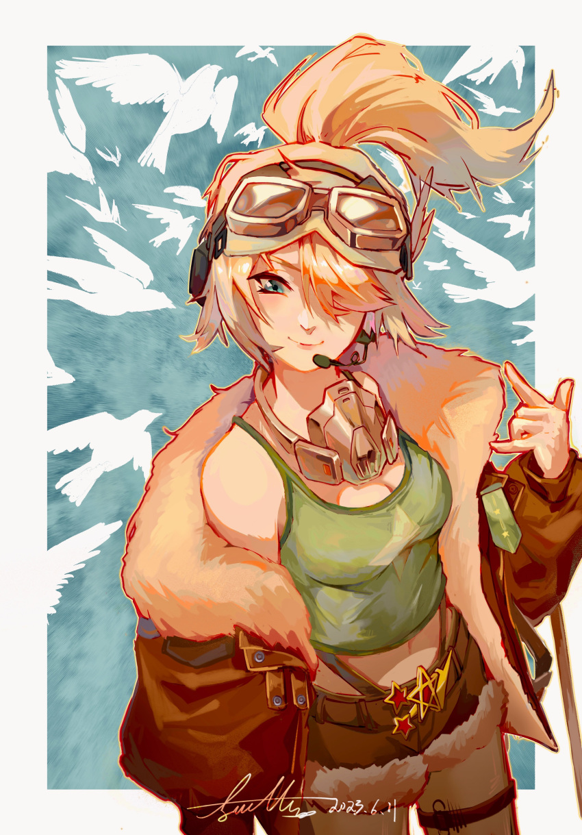 \m/ absurdres aqua_background bare_shoulders blonde_hair blue_eyes border breasts brown_jacket brown_shorts camisole cleavage cowboy_shot dated female fur-trimmed_jacket fur_trim goggles goggles_on_head green_camisole hair_over_one_eye hand_up headset highres jacket lilya_(reverse:1999) looking_at_viewer mask mask_around_neck medium_breasts midriff navel one_eye_covered outside_border oxygen_mask ponytail reverse:1999 shenqi_a_hao short_shorts shorts signature smile solo white_border