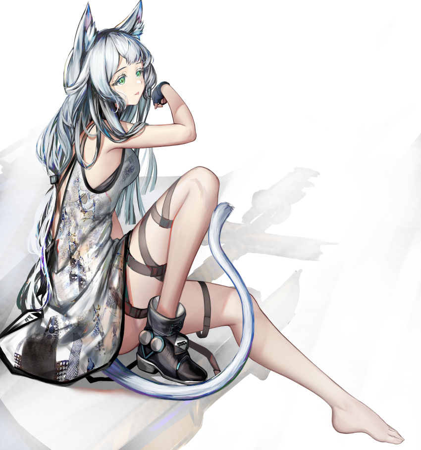 absurdres animal_ears arknights backless_dress backless_outfit cat_ears cat_tail dress eyelashes female fingerless_gloves from_side full_body gloves green_eyes grey_hair highres leg_ribbon licking licking_hand long_hair no_coat nopetroto partially_undressed relaxing ribbon rosmontis_(arknights) see-through_clothes see-through_dress shoes single_bare_foot single_shoe sitting sleeveless sleeveless_dress smile solo tail tongue tongue_out