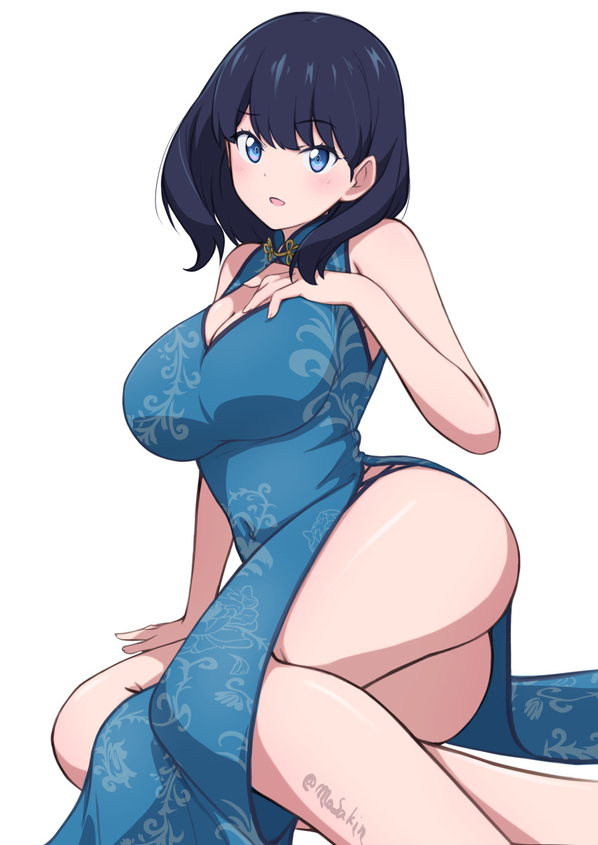 absurdres bare_shoulders blue_eyes blue_hair blush breasts china_dress chinese_clothes cleavage_cutout clothing_cutout covered_navel dragon_print dress female gridman_universe highres large_breasts masakin medium_hair open_mouth pelvic_curtain print_dress side_slit simple_background sleeveless sleeveless_dress ssss.gridman takarada_rikka thighs white_background