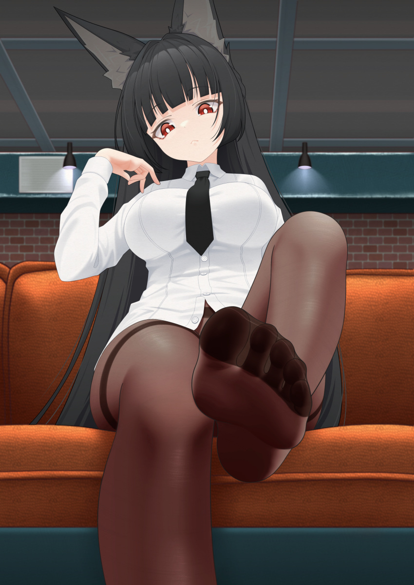 absurdres animal_ear_fluff animal_ears black_hair black_necktie blunt_bangs breasts ceiling closed_mouth couch expressionless feet female foot_focus fox_ears fox_girl from_behind highres hoshimi_miyabi large_breasts long_hair looking_at_viewer necktie on_couch pantyhose red_eyes sasaki3rd shirt sidelocks sitting soles solo toes variant_set white_shirt zenless_zone_zero