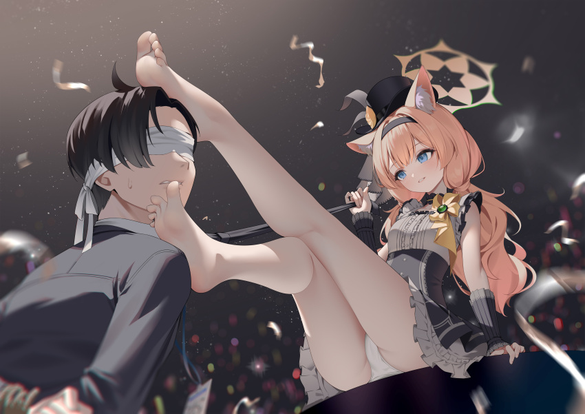 1boy absurdres animal_ears bare_legs barefoot bingchuan_xian_yu_huang black_dress black_hairband black_hat black_necktie blue_archive blue_eyes bow bow_choker cat_ears cat_girl choker clothes_grab commentary confetti dress female frilled_dress frills grey_dress hairband halo hat head_on_another's_leg highres legs long_hair looking_at_another low_twintails mari_(blue_archive) mari_(idol)_(blue_archive) mini_hat mini_top_hat necktie necktie_grab neckwear_grab official_alternate_costume official_alternate_hairstyle orange_hair panties sensei_(blue_archive) sensei_(blue_archive_the_animation) sitting smile straight toes top_hat twintails two-tone_dress underwear white_blindfold white_panties wrist_wrap yellow_bow yellow_halo