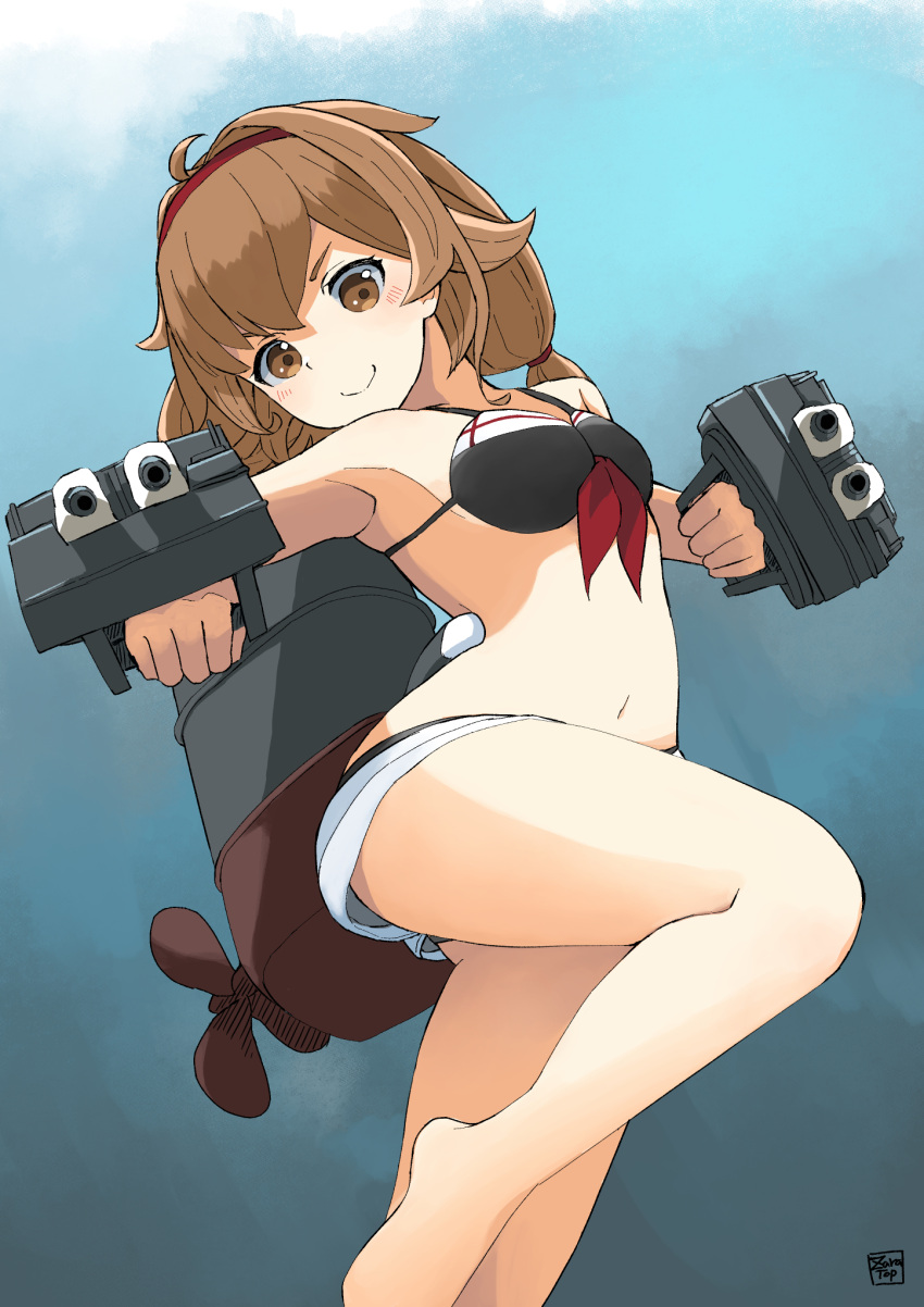 adapted_turret aiming aiming_at_viewer bikini black_bikini blue_background breasts brown_eyes brown_hair commentary_request female front-tie_bikini_top front-tie_top gradient_background hair_flaps highres kantai_collection low_twintails machinery medium_breasts medium_hair official_alternate_costume shiratsuyu_(kancolle) shiratsuyu_(swimsuit)_(kancolle) shorts solo standing standing_on_one_leg swimsuit toplow twintails white_shorts