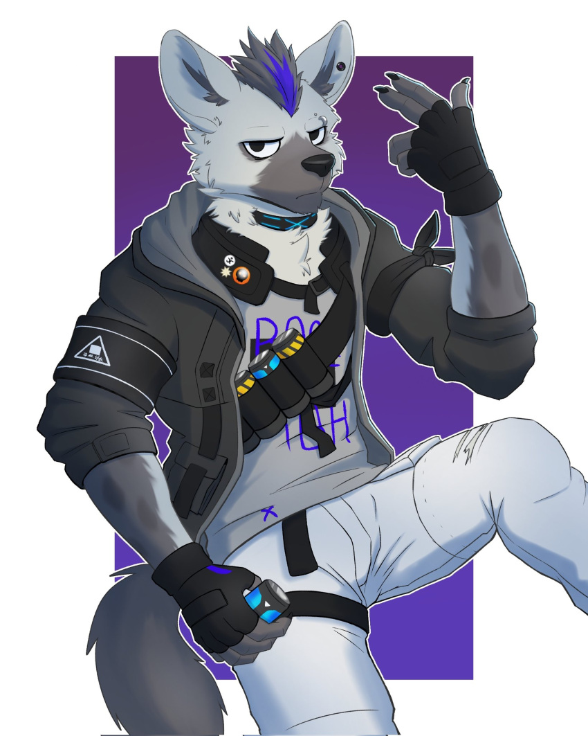 2024 anthro arknights black_hair claws clothing collar ear_piercing electronics eyebrow_piercing facial_piercing fingerless_gloves fur gloves grey_body grey_fur hair handwear hi_res hyena hypergryph insignificance looking_at_viewer male mammal piercing solo spot_(arknights) spotted_hyena studio_montagne tail