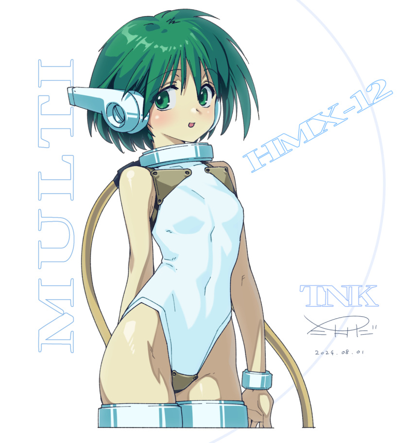 android blush breasts commentary female green_eyes green_hair highres leotard looking_at_viewer multi_(to_heart) open_mouth robot_ears short_hair small_breasts solo takada_kazuhiro to_heart to_heart_(series) white_leotard