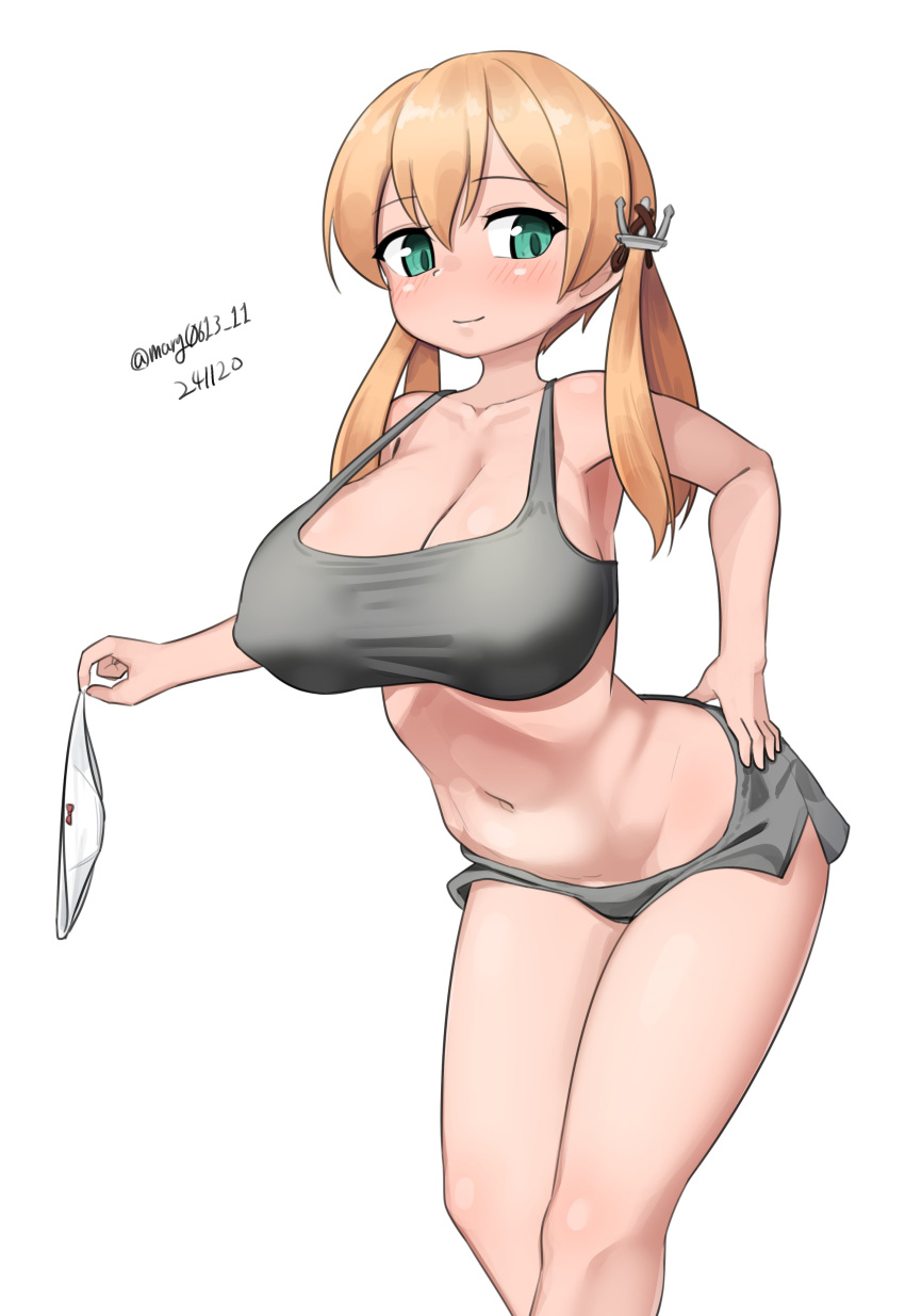 absurdres alternate_costume anchor_hair_ornament blonde_hair breasts dated dolphin_shorts feet_out_of_frame female green_eyes grey_shorts grey_sports_bra hair_between_eyes hair_ornament highres kantai_collection large_breasts looking_at_viewer low_twintails maru_(marg0613) one-hour_drawing_challenge panties prinz_eugen_(kancolle) shorts simple_background solo sports_bra twintails twitter_username underwear unworn_panties white_background white_panties