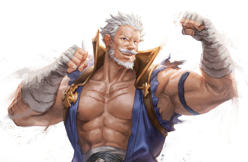 1boy abs bandages bara bare_pectorals beard biceps blue_eyes clenched_hands commentary facial_hair granblue_fantasy large_pectorals male_focus mature_male moustache multiple_scars muscular muscular_male nick300 nipple_slip nipples official_alternate_costume old old_man open_clothes pectorals scar scar_on_arm scar_on_chest simple_background solo soriz torn_clothes torn_sleeves upper_body white_background white_hair