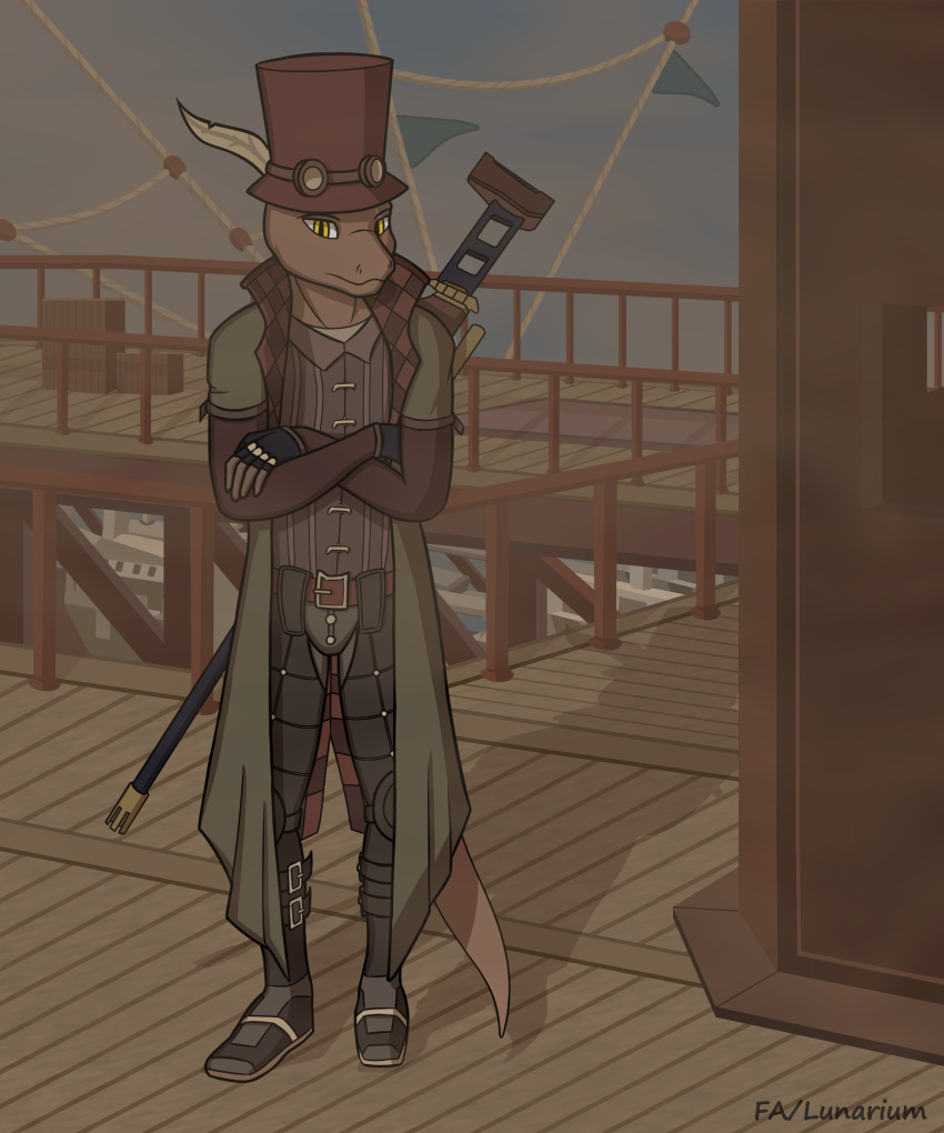 absurd_res alternative_fashion anthro armor brown_body clothing danker_(danker) gun hat headgear headwear hi_res lizard lunarium male ranged_weapon reptile rifle scalie sniper_rifle solo steampunk top_hat weapon