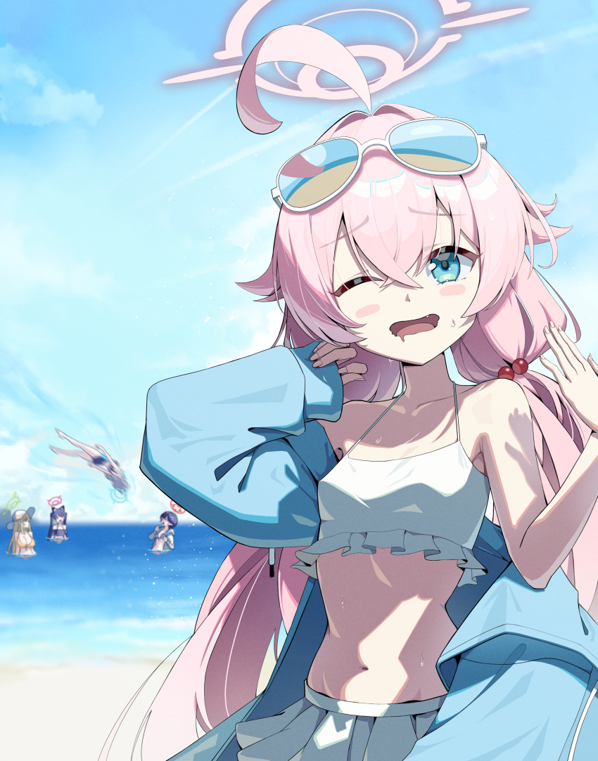 ;d absurdres ahoge ayane_(blue_archive) ayane_(swimsuit)_(blue_archive) beach bikini blue_archive blue_eyes blue_sky cloud collarbone day eyewear_on_head falling foreclosure_task_force_(blue_archive) frilled_bikini frills gn_0_0n hair_bobbles hair_ornament halo hands_up highres hoshino_(blue_archive) hoshino_(swimsuit)_(blue_archive) long_hair looking_at_viewer low_twintails navel nonomi_(blue_archive) nonomi_(swimsuit)_(blue_archive) ocean official_alternate_costume one_eye_closed open_mouth outdoors pink_hair serika_(blue_archive) serika_(swimsuit)_(blue_archive) shiroko_(blue_archive) shiroko_(swimsuit)_(blue_archive) sky smile solo_focus sunglasses swimsuit tongue twintails white_bikini