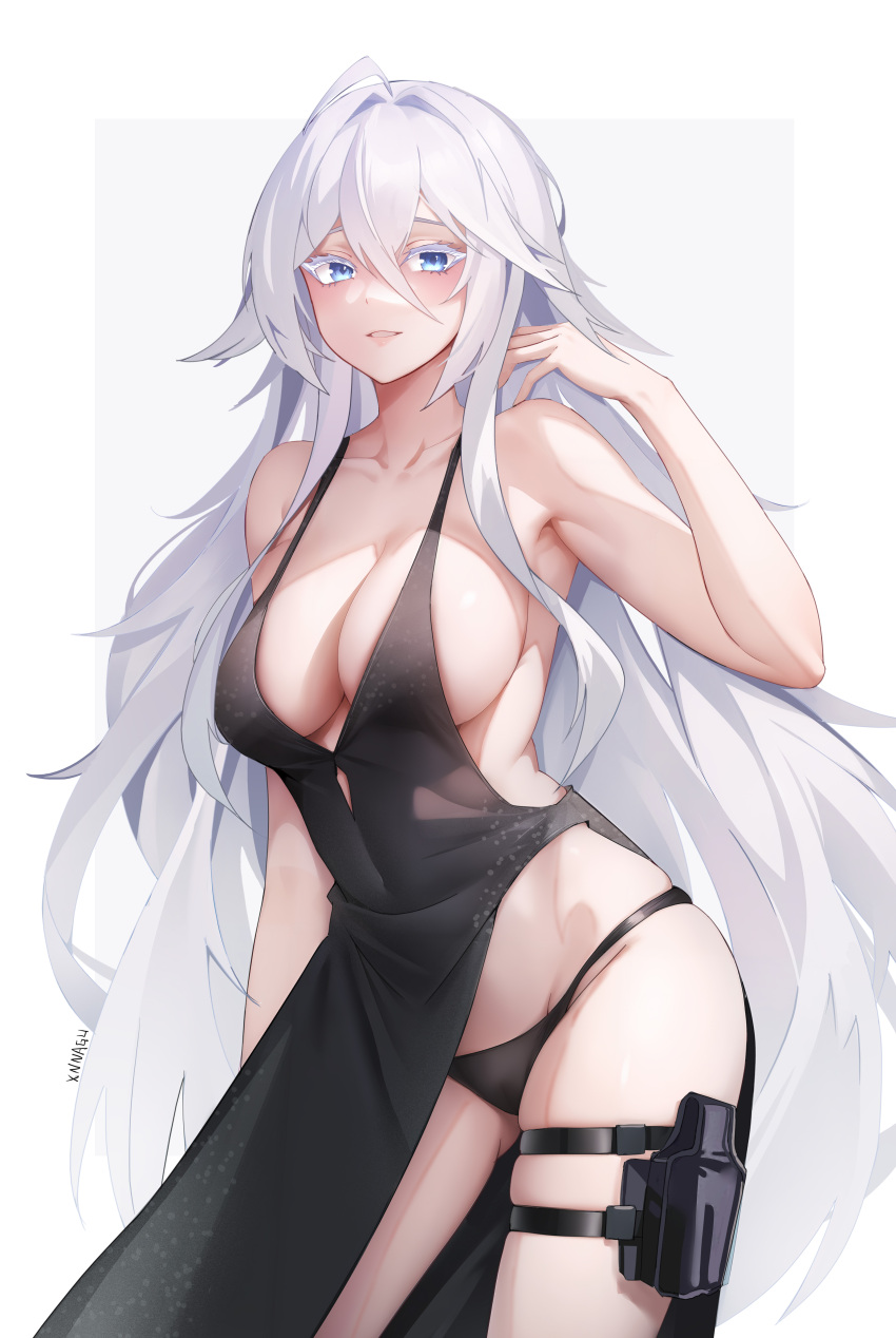 absurdres azur_lane bare_shoulders black_dress black_panties blue_eyes breasts cleavage dress female glitter_dress grey_hair gun hair_between_eyes high_heels highres holding holster large_breasts long_hair looking_at_viewer official_alternate_costume panties side_slit sleeveless sleeveless_dress solo sovetsky_soyuz_(azur_lane) sovetsky_soyuz_(skyfall_agent)_(azur_lane) thigh_holster underwear very_long_hair weapon white_hair xnnagu