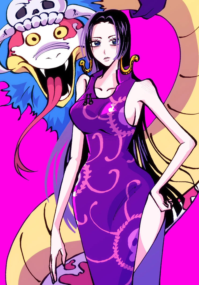 black_hair blue_eyes boa_hancock breasts commentary_request cowboy_shot dress earrings female hand_on_own_hip high_collar highres jewelry korean_commentary long_hair one_piece planet8univerz0 purple_background purple_dress salome_(one_piece) side_slit sideboob sidelocks skull sleeveless sleeveless_dress snake snake_earrings tongue tongue_out