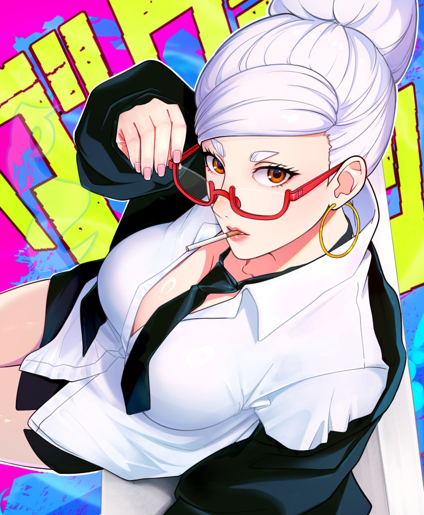 ayase_seiko black_jacket black_necktie black_skirt breasts cigarette collared_shirt cowboy_shot dandadan davibluesun earrings english_commentary female glasses highres hoop_earrings jacket jewelry lips long_hair looking_at_viewer mature_female medium_breasts mouth_hold necktie open_clothes open_jacket partially_unbuttoned pink_lips pink_nails red-framed_eyewear red_eyes semi-rimless_eyewear shirt skirt solo under-rim_eyewear white_hair white_shirt