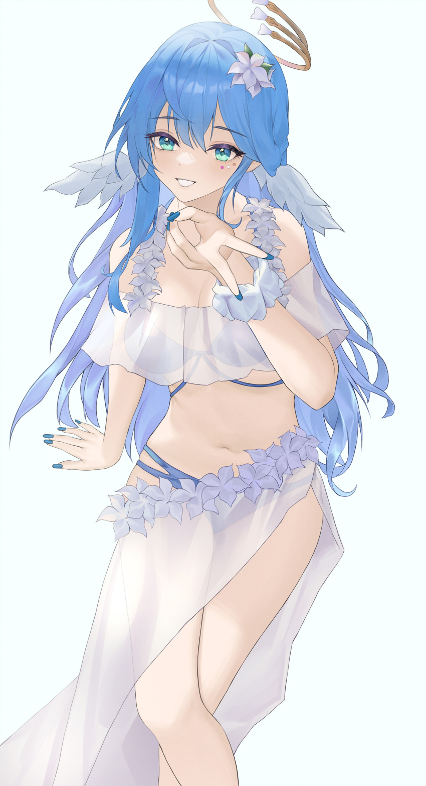 absurdres aqua_eyes arm_support bare_shoulders bikini blue_background blue_hair blue_nails breasts c.u.b.e cleavage facial_mark feet_out_of_frame female flower grin hair_flower hair_ornament head_wings highres honkai:_star_rail honkai_(series) looking_at_viewer nail_polish navel off-shoulder_bikini off_shoulder robin_(honkai:_star_rail) sarong simple_background sitting smile solo stomach swimsuit white_bikini white_flower wings