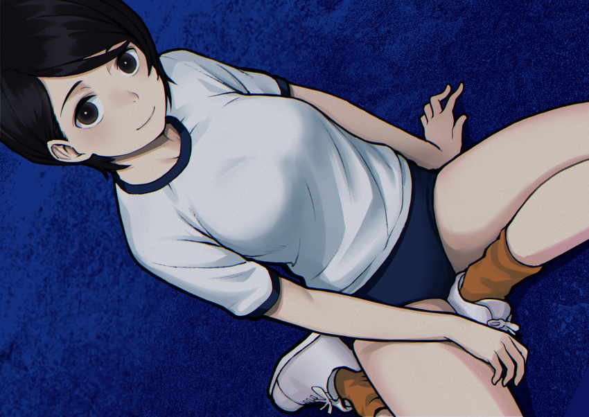 black_eyes black_hair blue_buruma buruma dutch_angle female gym_uniform hair_behind_ear highres imizu_futoshi orange_socks original shirt shoes short_hair short_sleeves sitting smile sneakers socks solo thighs white_footwear white_shirt yokozuwari