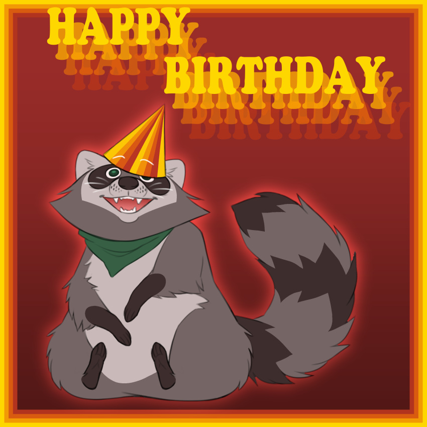 absurd_res birthday clothing feral fetishame happy hat headgear headwear hi_res kerchief male mammal markings open_mouth open_smile party_hat procyonid raccoon retro smile solo striped_markings striped_tail stripes tail tail_markings toony