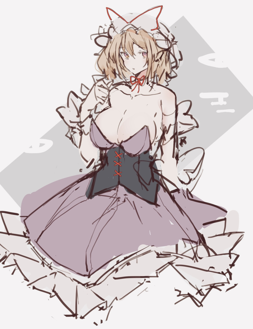 bare_shoulders blonde_hair breasts cleavage closed_mouth collarbone corset dress expressionless female frilled_dress frilled_hat frills hand_up hat highres huge_breasts mob_cap no_bra po_(anhk5528) purple_corset purple_dress solo strapless strapless_dress touhou white_hat yakumo_yukari yellow_eyes