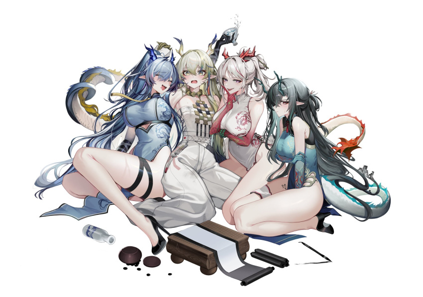 4girls aqua_dress arknights blue_dress breasts chinese_clothes dragon_girl dragon_tail dress dusk_(arknights) eastern_dragon_horns highres large_breasts ling_(arknights) multiple_girls ness_(pjw0168) nian_(arknights) pants shu_(arknights) siblings sisters small_breasts tail white_background white_dress white_pants