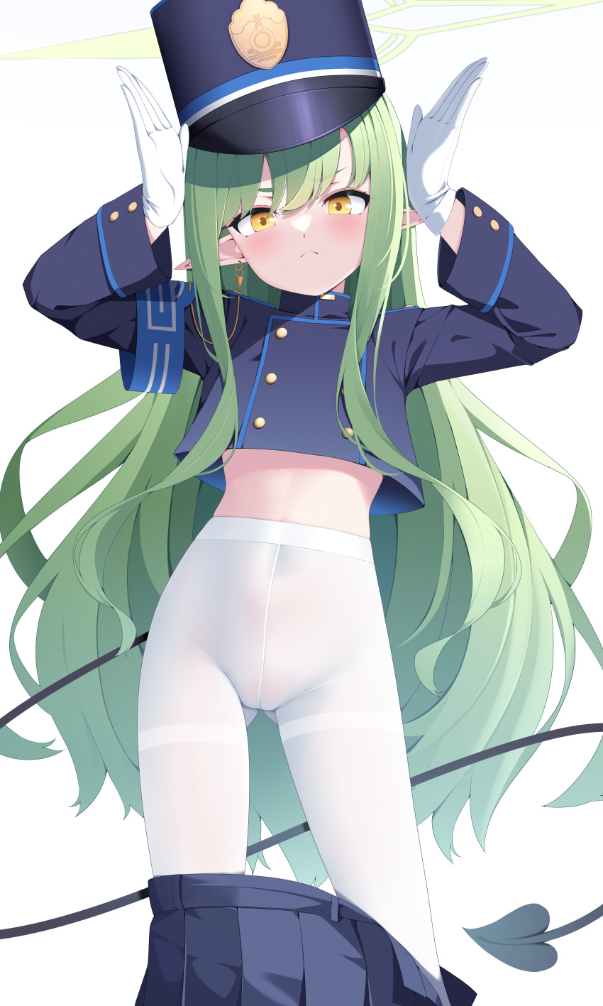 absurdres arms_up ass_visible_through_thighs black_hat black_shirt black_skirt blue_archive blush closed_mouth clothes_pull commentary cropped_shirt demon_girl demon_tail female gloves green_eyes hair_between_eyes halo hat highres hikari_(blue_archive) long_hair looking_at_viewer pantyhose peaked_cap pleated_skirt pointy_ears shirt simple_background skirt skirt_pull solo standing tail v-shaped_eyebrows white_background white_gloves white_pantyhose yellow_eyes yellow_halo z.taiga