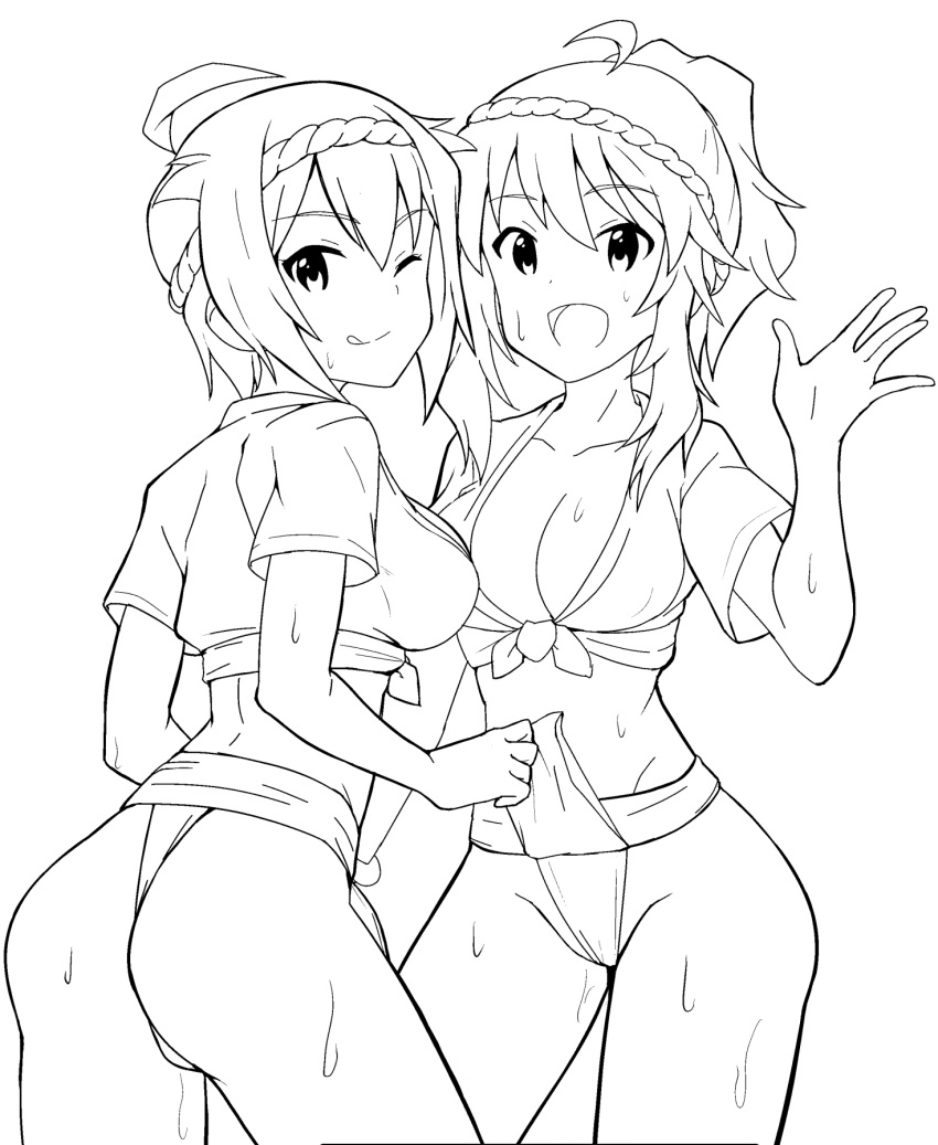 2girls :d ;q ahoge breasts cleavage collarbone cowboy_shot dot_nose double-parted_bangs fluffy_hair from_behind fundoshi greyscale hachimaki hair_flaps headband highres hoshii_miki ibuki_tsubasa idolmaster idolmaster_(classic) idolmaster_million_live! idolmaster_million_live!_theater_days japanese_clothes large_breasts long_hair looking_at_viewer looking_back mizu_happi monochrome multiple_girls nejime_(nejimeinu) nejiri_hachimaki one_eye_closed open_clothes open_hand open_mouth open_shirt ponytail shirt short_hair short_sleeves simple_background smile sweat tied_shirt tongue tongue_out waving wavy_hair white_background