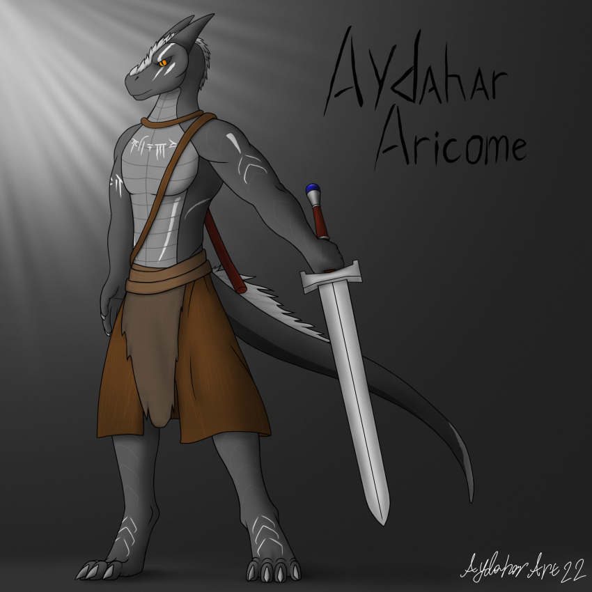 absurd_res anthro aydahar aydaharart bandage barbarian belt body_pattern bottomwear claws clothing dragon grey_background grey_body grey_skin hair hi_res horn long_tail male melee_weapon mythological_creature mythological_scalie mythology orange_eyes scales scalie simple_background skirt solo sword tail warrior weapon white_hair