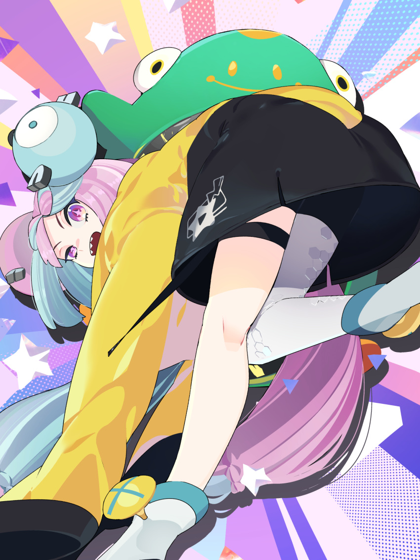 :d bellibolt black_shorts boots character_hair_ornament commentary_request female green_hair grey_pantyhose hair_ornament highres idkuroi iono_(pokemon) jacket kneepits leg_up long_hair looking_at_viewer looking_back low-tied_long_hair open_mouth pantyhose pokemon pokemon_sv purple_eyes purple_hair sharp_teeth shorts single_leg_pantyhose smile solo star_(symbol) star_in_eye symbol_in_eye teeth thigh_strap upper_teeth_only very_long_hair yellow_jacket