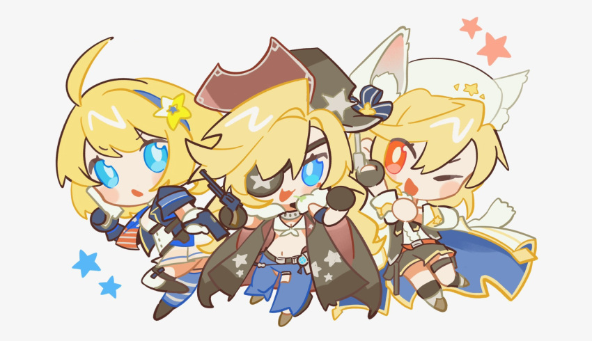 3girls ahoge american_flag_neckwear animal_ears asymmetrical_gloves asymmetrical_legwear black_footwear black_gloves black_neckerchief black_skirt blonde_hair blue_eyes blue_gloves blue_headband blue_jacket blue_pants blue_socks chesed_(uporyz) chibi colt_revolver_(girls'_frontline) colt_revolver_(mod3)_(girls'_frontline) cowboy_hat eyepatch fake_animal_ears fur_hat girls'_frontline gloves gun hair_between_eyes handgun hat headband highres holding holding_weapon jacket long_hair looking_at_viewer m1911 m1911_(girls'_frontline) m1911_(mod3)_(girls'_frontline) multiple_girls nagant_m1895 nagant_revolver_(girls'_frontline) nagant_revolver_(mod3)_(girls'_frontline) navel neckerchief one_eye_closed open_mouth pants red_eyes revolver shirt simple_background skirt socks star_(symbol) thigh_strap ushanka weapon white_background white_gloves white_shirt white_skirt white_socks