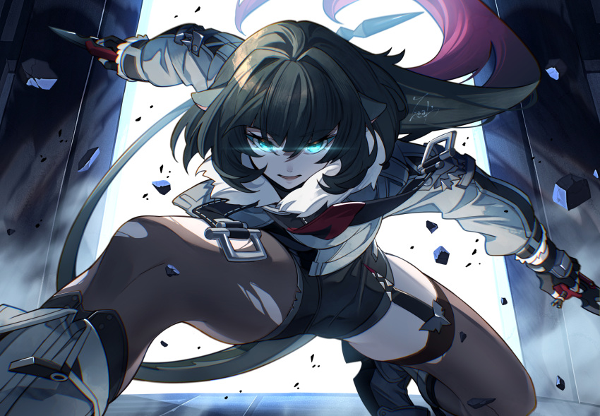 animal_ears black_gloves blunt_bangs brown_pantyhose brown_thighhighs female fingerless_gloves fur-trimmed_jacket fur_trim gloves glowing glowing_eyes green_eyes green_hair green_jacket highres hizuki_miya jacket jane_doe_(zenless_zone_zero) long_hair looking_ahead mouse_ears mouse_girl mouse_tail pantyhose red_hair serious sidelocks solo tail thighhighs torn_clothes torn_pantyhose torn_thighhighs zenless_zone_zero