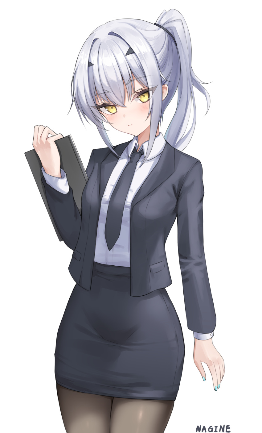 absurdres black_jacket black_skirt breasts clipboard collared_shirt fate/grand_order fate_(series) female forked_eyebrows highres jacket long_hair long_sleeves looking_at_viewer melusine_(fate) nagine necktie office_lady pencil_skirt ponytail shirt sidelocks skirt small_breasts solo thighs white_hair white_shirt yellow_eyes