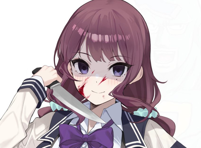 blazer blood blood_on_face blue_jacket bow bowtie brown_hair cevio collared_shirt female holding holding_knife holding_weapon jacket knife long_hair low_twintails mole mole_under_eye natsuki_karin purple_bow purple_bowtie purple_eyes shaded_face shirt simple_background smile solo synthesizer_v twintails upper_body weapon white_background white_shirt yappen