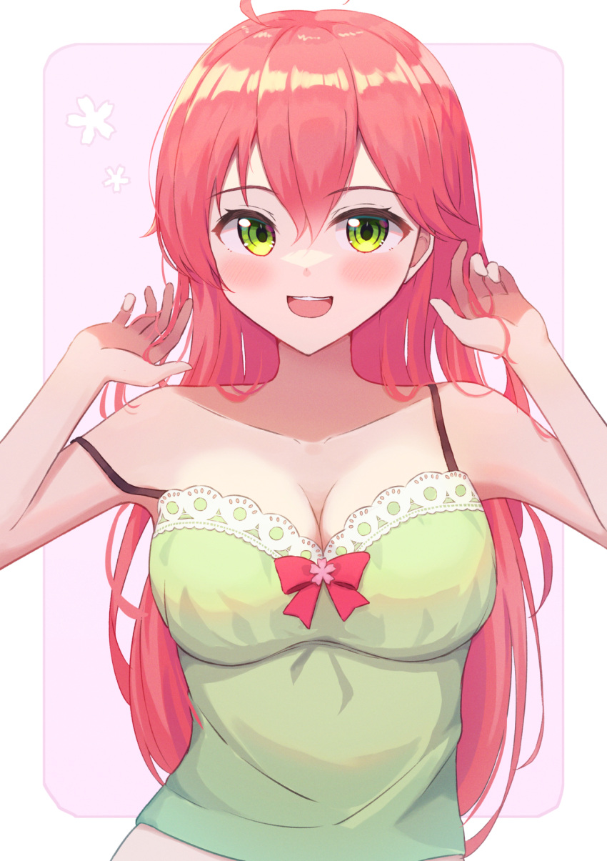 :3 ahoge alternate_costume blush border breasts camisole cleavage collarbone female floral_background flower green_camisole green_eyes green_shirt hair_between_eyes hands_in_hair hands_up highres hololive large_breasts long_hair looking_at_viewer open_mouth outside_border pajamas pink_background pink_hair sakura_miko shirt simple_background single_off_shoulder sleepwear smile solo strap_slip teeth tongue typho upper_teeth_only virtual_youtuber white_border