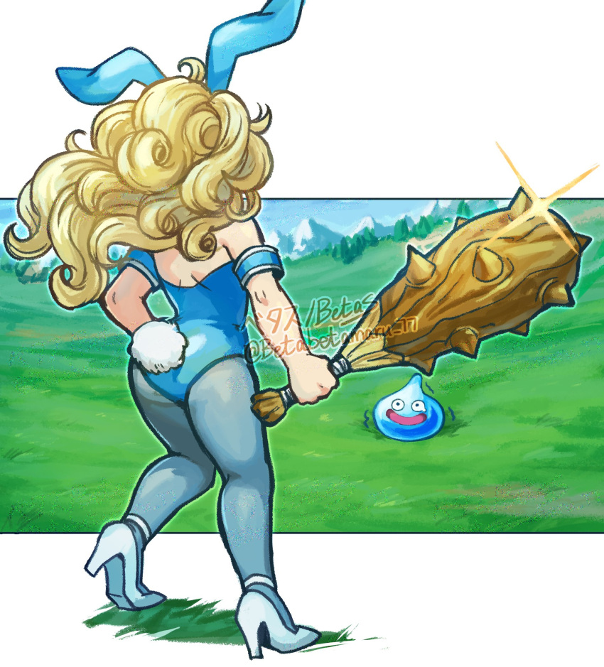 animal_ears ass betabetamaru blonde_hair blue_leotard blue_pantyhose club_(weapon) commentary_request curly_hair dragon_quest dragon_quest_iii fake_animal_ears fake_tail female glint high_heels highres holding holding_club holding_weapon jester_(dq3) leotard long_hair open_mouth outdoors pantyhose playboy_bunny rabbit_ears rabbit_tail scared slime_(dragon_quest) smile spiked_club tail trembling watermark weapon