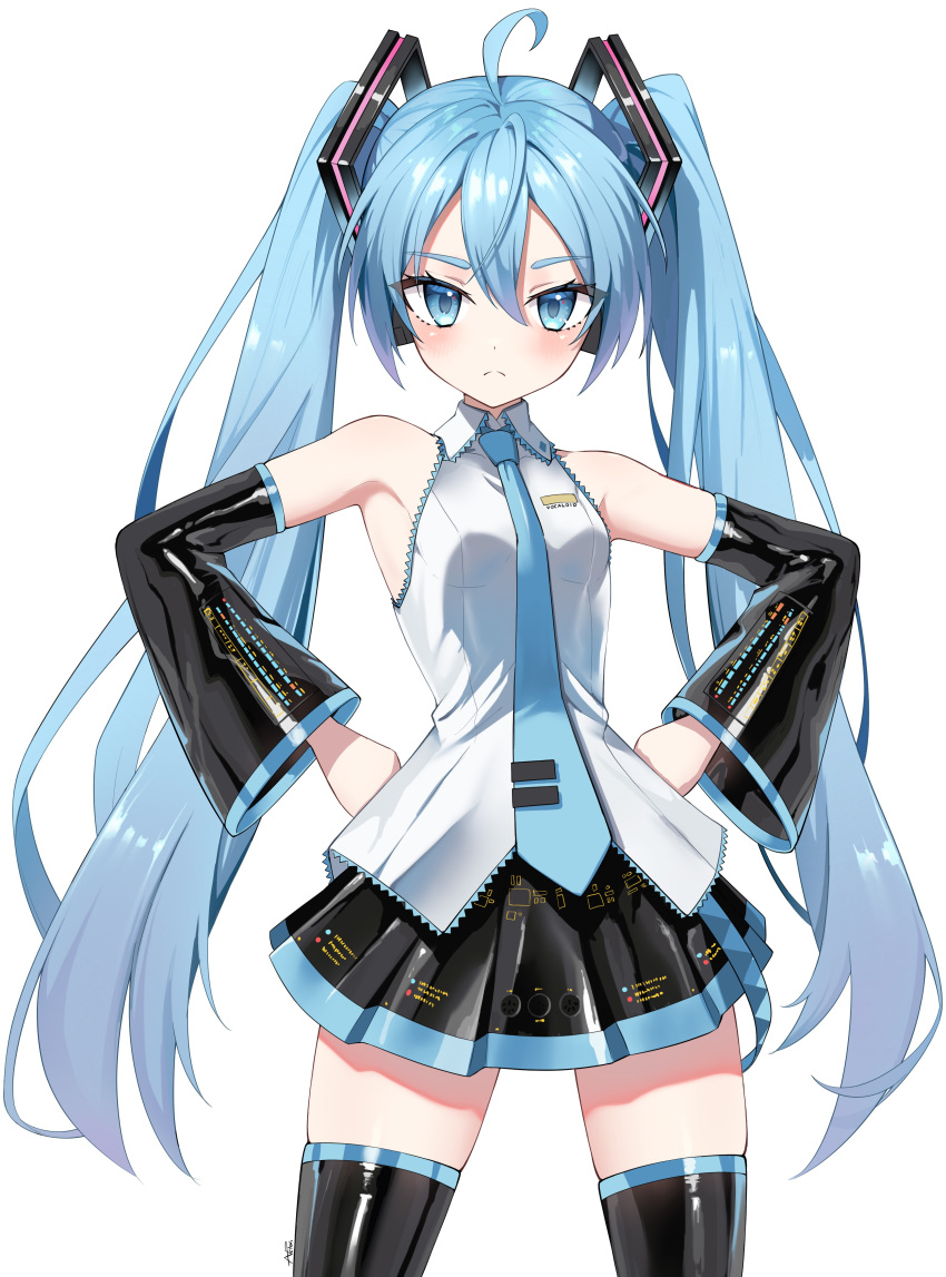 absurdres ahoge armpits bare_shoulders black_skirt black_sleeves black_thighhighs blue_eyes blue_hair blue_necktie blush breasts cowboy_shot detached_sleeves female frilled_shirt frills frown grey_shirt hair_between_eyes hair_ornament hands_on_own_hips hatsune_miku highres latex latex_sleeves latex_thighhighs long_hair looking_at_viewer necktie pleated_skirt procrastinator39 shirt simple_background skirt sleeveless small_breasts solo thighhighs twintails very_long_hair vocaloid zettai_ryouiki