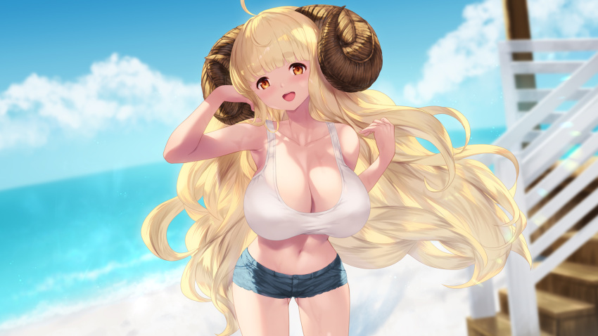 ahoge anila_(granblue_fantasy) bare_shoulders beach blonde_hair blue_shorts blunt_bangs blush breasts cait_aron cleavage curled_horns denim denim_shorts draph female granblue_fantasy highres horns large_breasts long_hair looking_at_viewer navel open_mouth orange_eyes sheep_horns shore short_eyebrows short_shorts shorts smile solo sports_bra stairs thick_eyebrows very_long_hair white_sports_bra