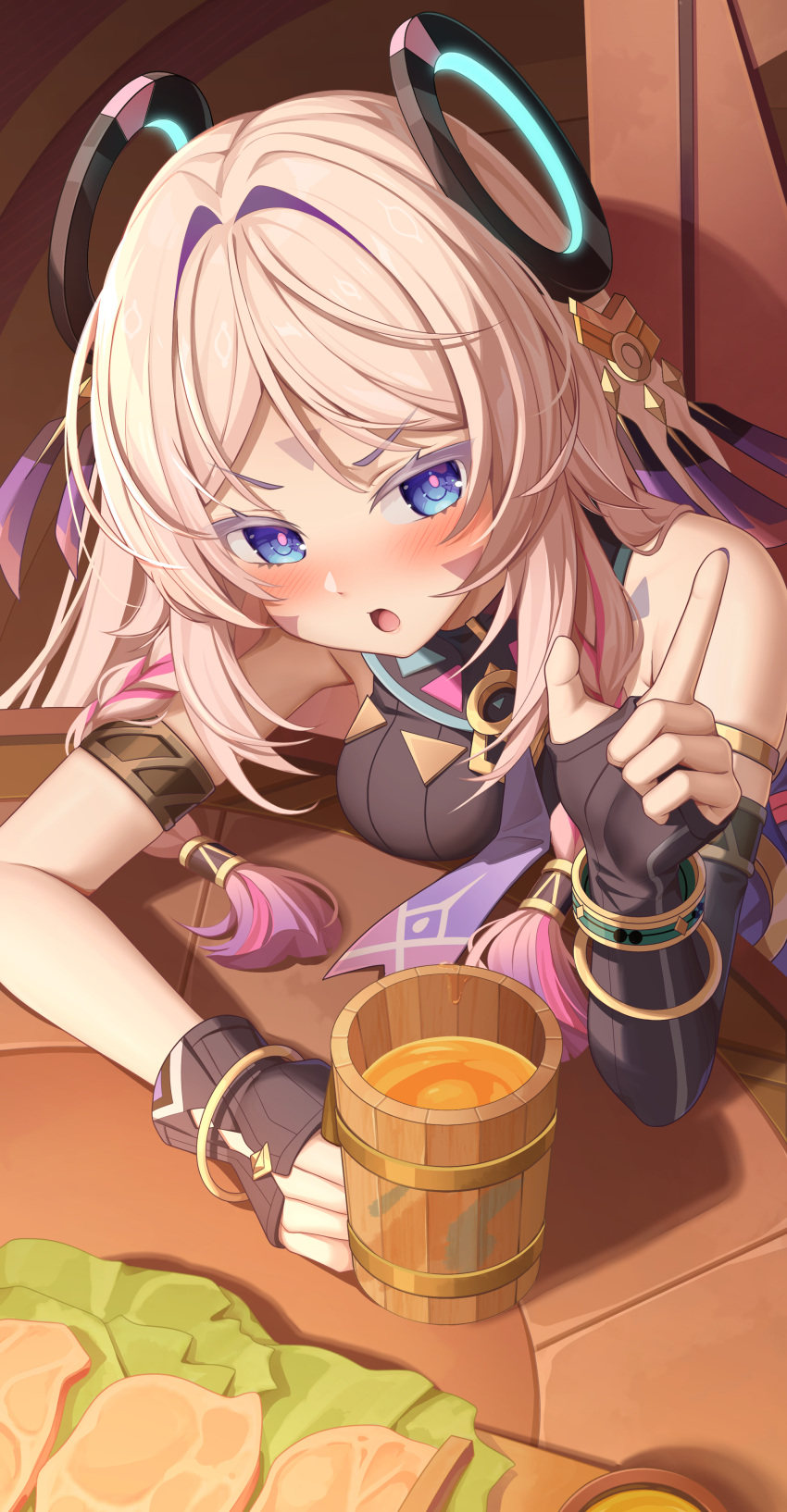 absurdres bare_shoulders blush braid breasts citlali_(genshin_impact) cup drunk facial_mark female fingerless_gloves genshin_impact gloves hair_ornament highres holding holding_cup koki_(latte1023) long_hair looking_at_viewer medium_breasts open_mouth pink_hair pink_pupils purple_hair solo table triangle triangle_facial_mark