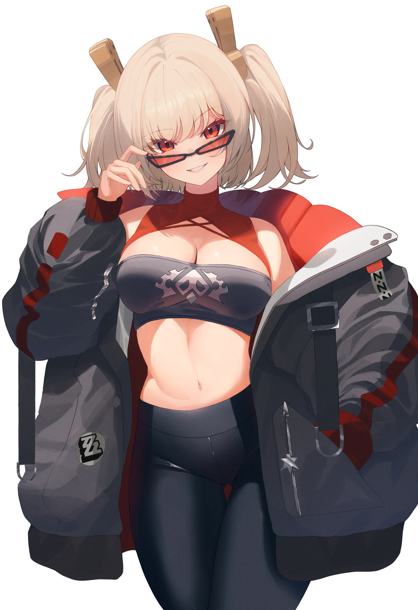 absurdres adapted_costume black_jacket black_tube_top blonde_hair breasts burnice_white cowboy_shot female highres jacket large_breasts looking_over_eyewear meplon midriff navel open_clothes open_jacket open_mouth oversized_jacket pants red-tinted_eyewear red_eyes revision solo stomach strapless thigh_gap tinted_eyewear tube_top two_side_up white_background yoga_pants zenless_zone_zero