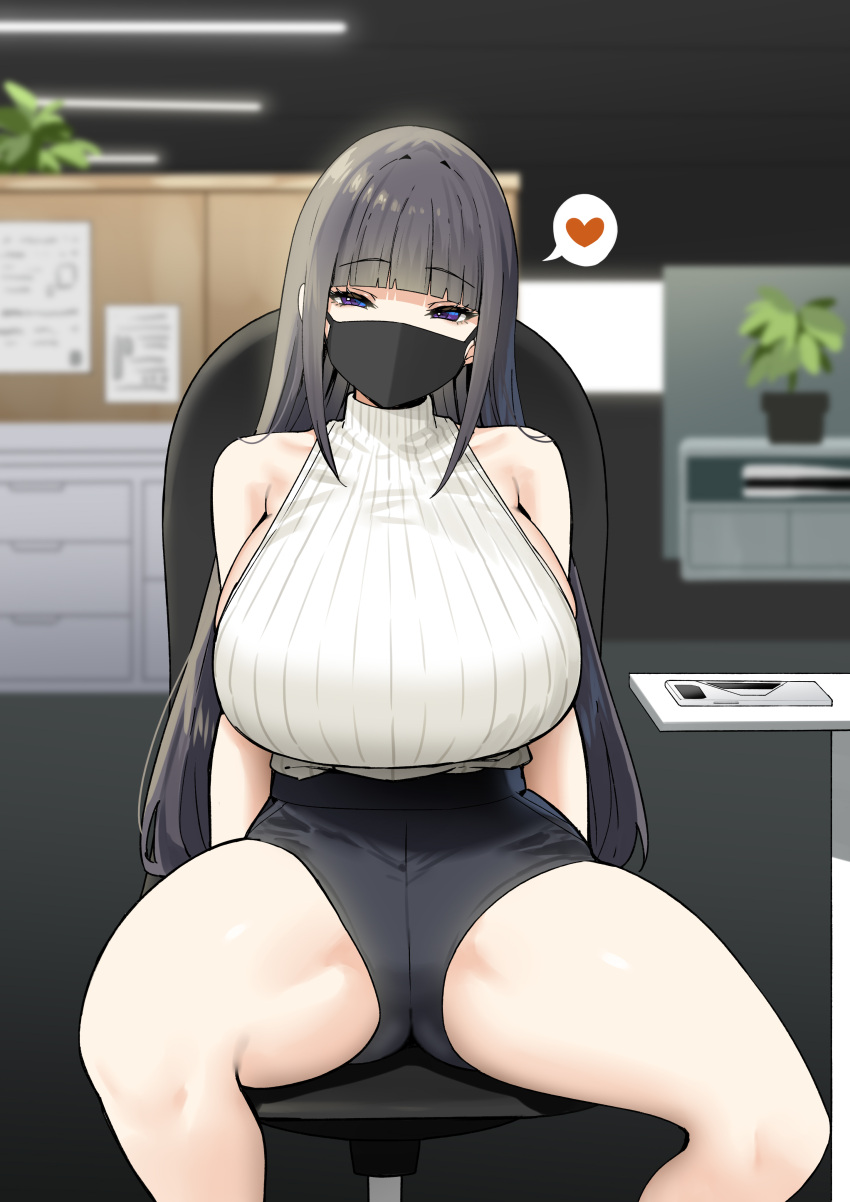 absurdres aimi_(sky-freedom) armpit_crease bare_legs black_hair black_shorts blunt_bangs blurry blurry_background breasts cellphone commentary_request desk female heart highres hime_cut huge_breasts indoors joshi_kousei_rich_thots legs_apart looking_at_viewer mask mouth_mask office original phone plant potted_plant purple_eyes short_shorts shorts sitting sky-freedom sleeveless sleeveless_turtleneck smartphone solo spoken_heart sweater sweater_tucked_in thighs turtleneck white_sweater