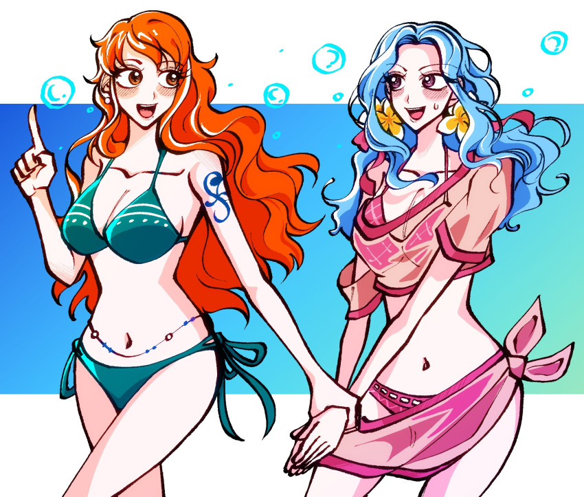 2girls aqua_bikini arm_tattoo bikini blue_hair blush bubble commentary_request cowboy_shot earrings highres holding_another's_wrist jewelry korean_commentary long_hair multiple_girls nami_(one_piece) nefertari_vivi one_piece open_mouth orange_hair pink_bikini planet8univerz0 sarong smile sweatdrop swimsuit tattoo