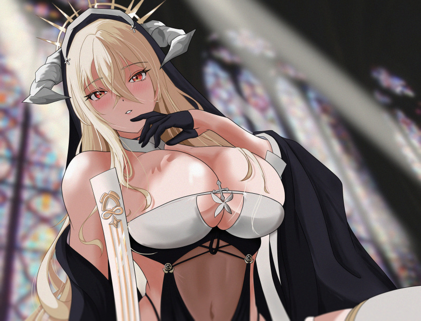 azur_lane bare_shoulders black_gloves blonde_hair breast_cutout breasts cleavage commentary covered_navel fake_horns female gloves habit hair_between_eyes half_gloves highres horns huge_breasts implacable_(azur_lane) indoors kei4 long_bangs long_hair long_hair_between_eyes long_sleeves looking_at_viewer nun red_eyes revealing_clothes solo stained_glass thighhighs very_long_hair white_horns white_thighhighs