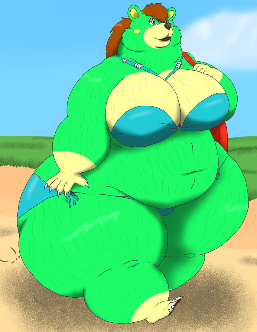 alythewolfcat animal_crossing anthro bear big_breasts bikini bikini_top breasts charlise_(animal_crossing) clothing female fur green_body green_fur hi_res huge_hips hyper hyper_hips mammal morbidly_obese nintendo obese overweight overweight_female purse sand solo swimwear two-piece_swimsuit walking wide_hips