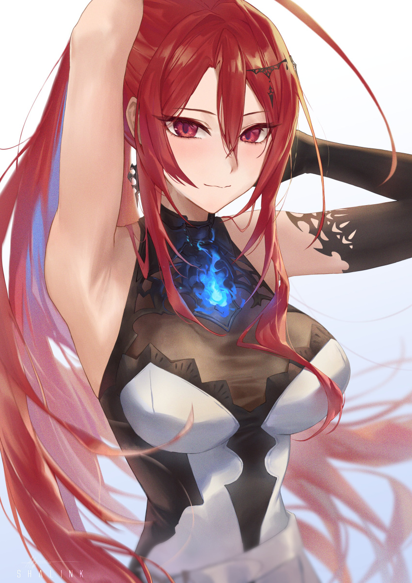 absurdres ahoge armpit_crease armpits arms_up blue_fire blue_hair breasts colored_inner_hair dress ear_ornament elizabeth_rose_bloodflame female fire highres hololive hololive_english huge_ahoge large_breasts long_hair looking_at_viewer multicolored_hair ponytail red_eyes red_hair shalink simple_background sleeveless sleeveless_dress solo very_long_hair virtual_youtuber white_background