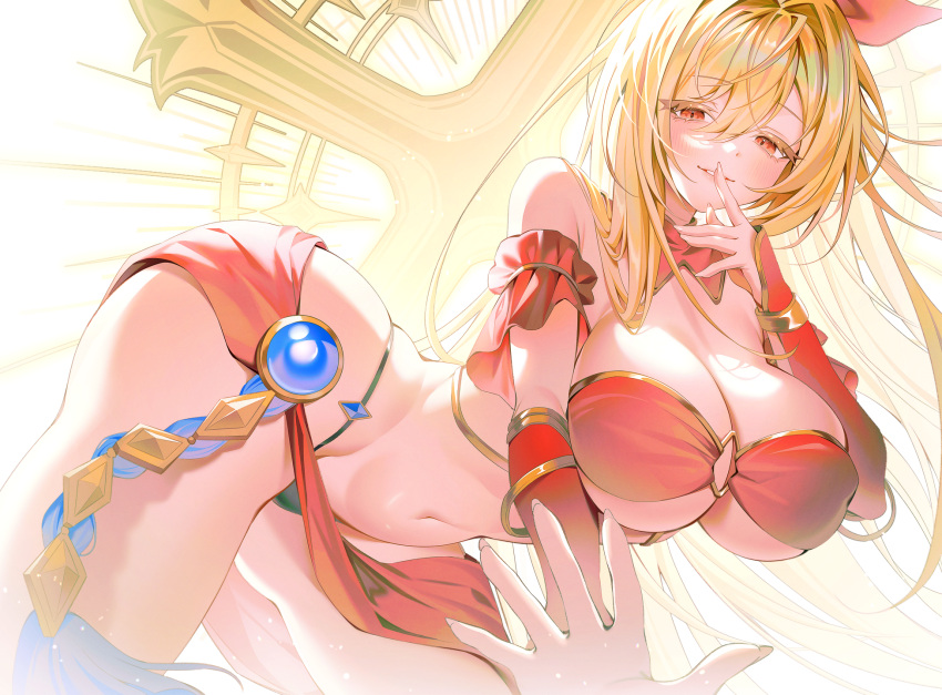 arm_garter bare_shoulders bent_over bikini black_bikini blonde_hair breasts cleavage colored_eyelashes commentary_request commission detached_collar female finger_to_mouth gold_trim grin hand_up highres korean_commentary large_breasts long_hair looking_at_viewer mismatched_bikini myon_(arca_live) navel original red_bikini red_eyes sarong second-party_source smile solo stomach strapless strapless_bikini string_bikini swimsuit thighs vambraces very_long_hair