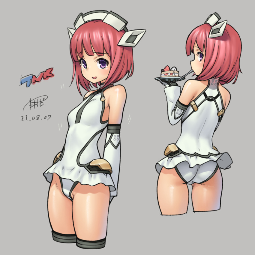 aikawa_aika alice_gear_aegis ass breasts cake cake_slice cropped_legs female food headgear highleg highleg_leotard highres leotard multiple_views open_mouth pink_hair profile purple_eyes short_hair small_breasts smile takada_kazuhiro white_leotard